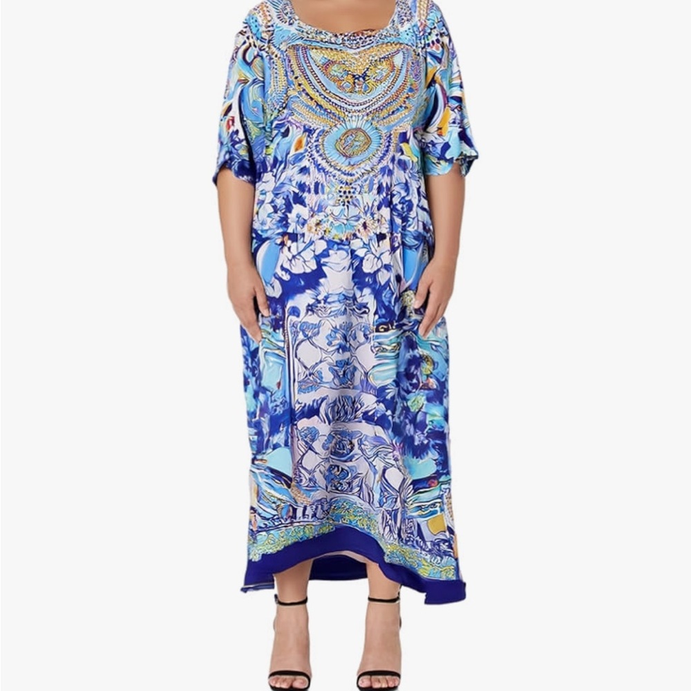 Elegant Blue Patterned Kaftan Dress